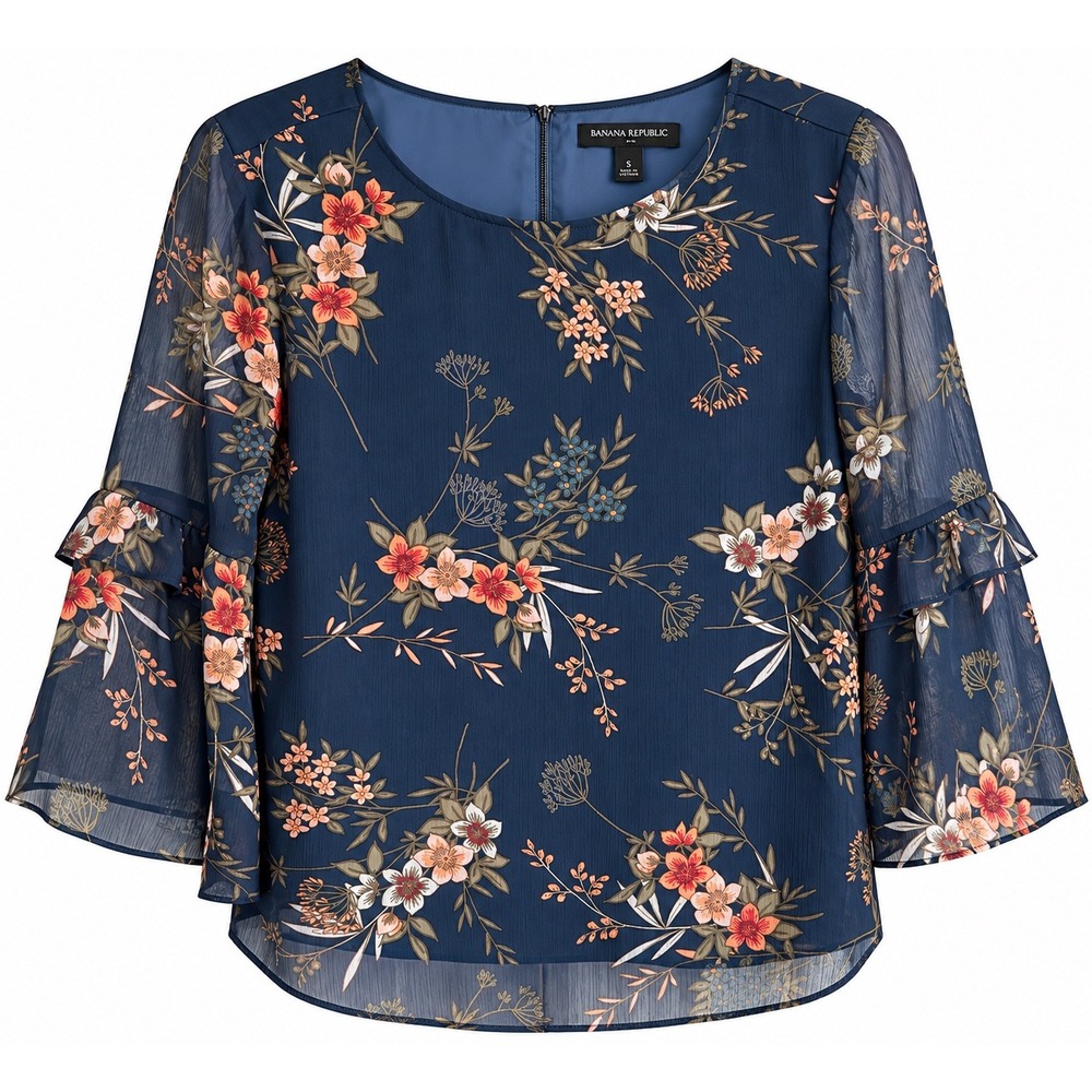 Banana Republic Floral Blouse Small Navy Boho Ruffle Sleeve Sheer Fall Top